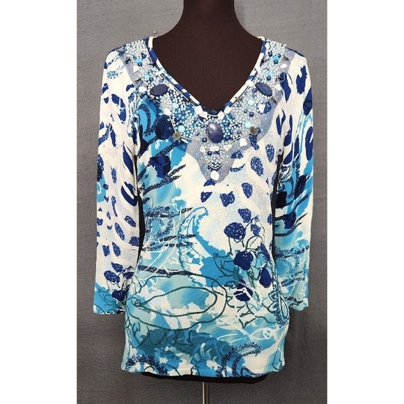 Motive FLATTERING Long Cut V-Neck Sweater Sz L Embellished Bit of Bling NICE TOP - Picture 1 of 14